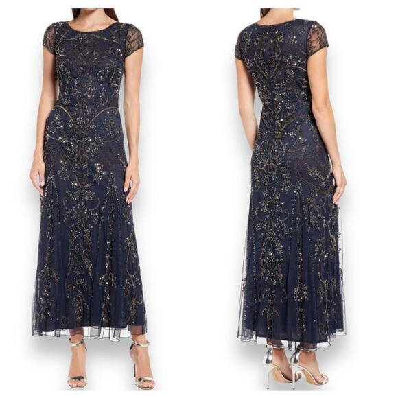 Pisarro Nights Dresses & Skirts - Pisarro Nights Beaded Mesh Midi Dress Navy 16 NWT